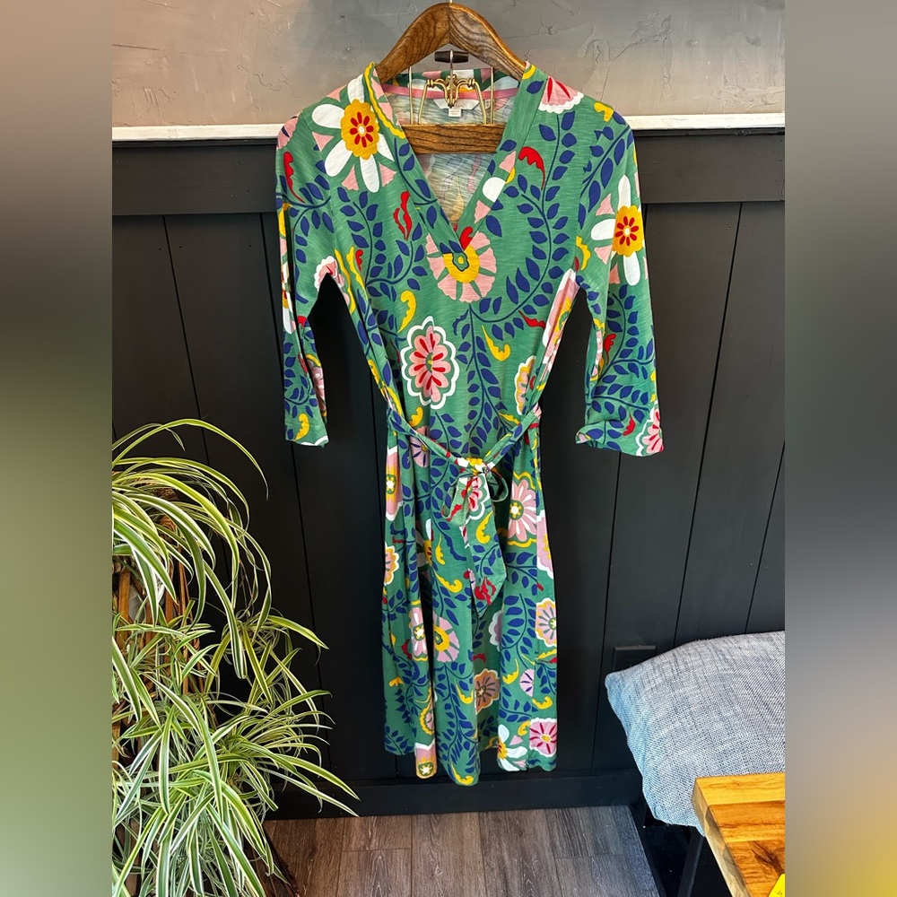 Boden Dress Women's Midi Floral Green‎ Stretch Cottage Core Belted Prairie US 4P